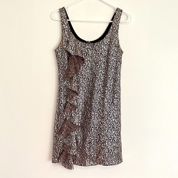 GUESS Mauve Brown / Purple Silver Metallic Sleeveless Ruffle Party Mini Dress 3 - Picture 2 of 12
